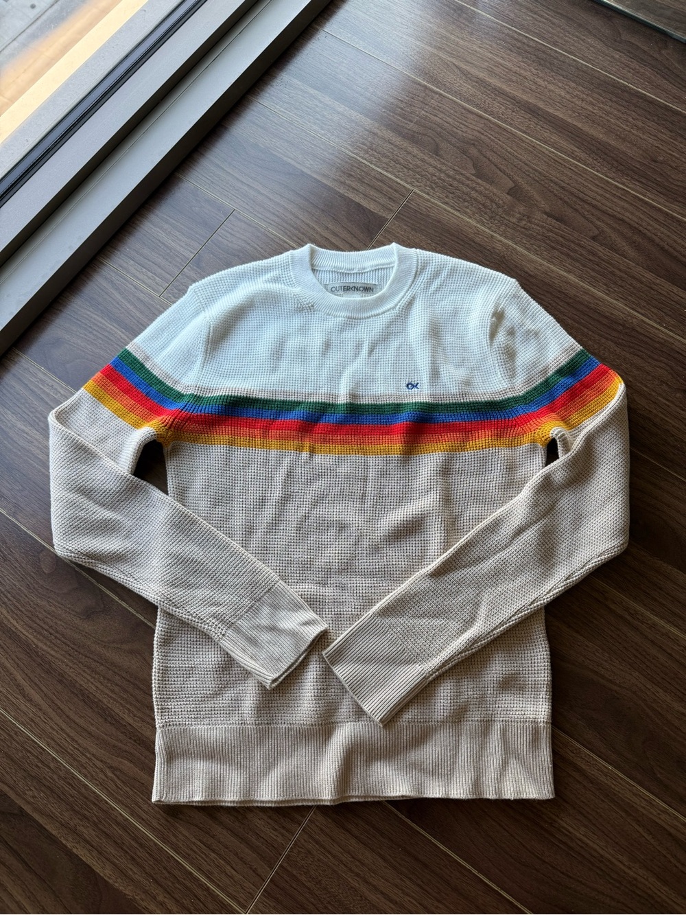 Outerknown Cream Crewneck Sweater with Rainbow Chest Stripe